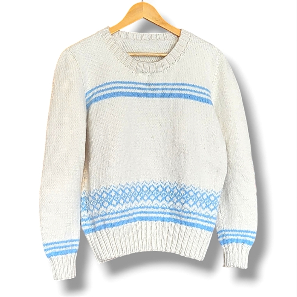VINTAGE Handmade Cream and Baby Blue Nordic Fair Isle Knit Sweater